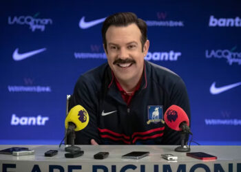 Ted Lasso, played by Jason Sudeikis, speaks at a press conference. Courtesy of Apple TV